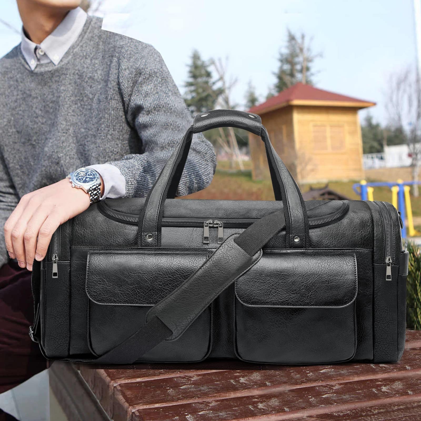 BOLOSTA Travel Duffel Bag for Men Women, Large PU Leather Carry on Duffle Bag…