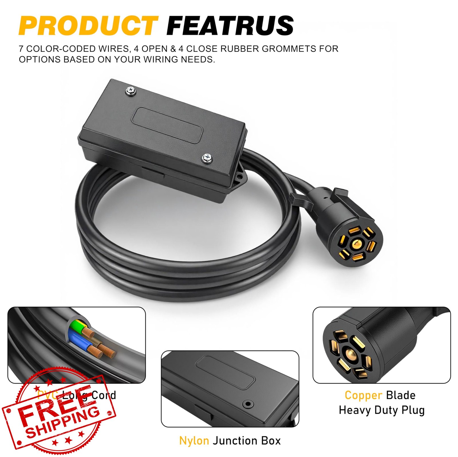 PKDOAX 7 Pin Trailer Wiring Harness 6FT 7 Way Plug Junction Box RV Truck
