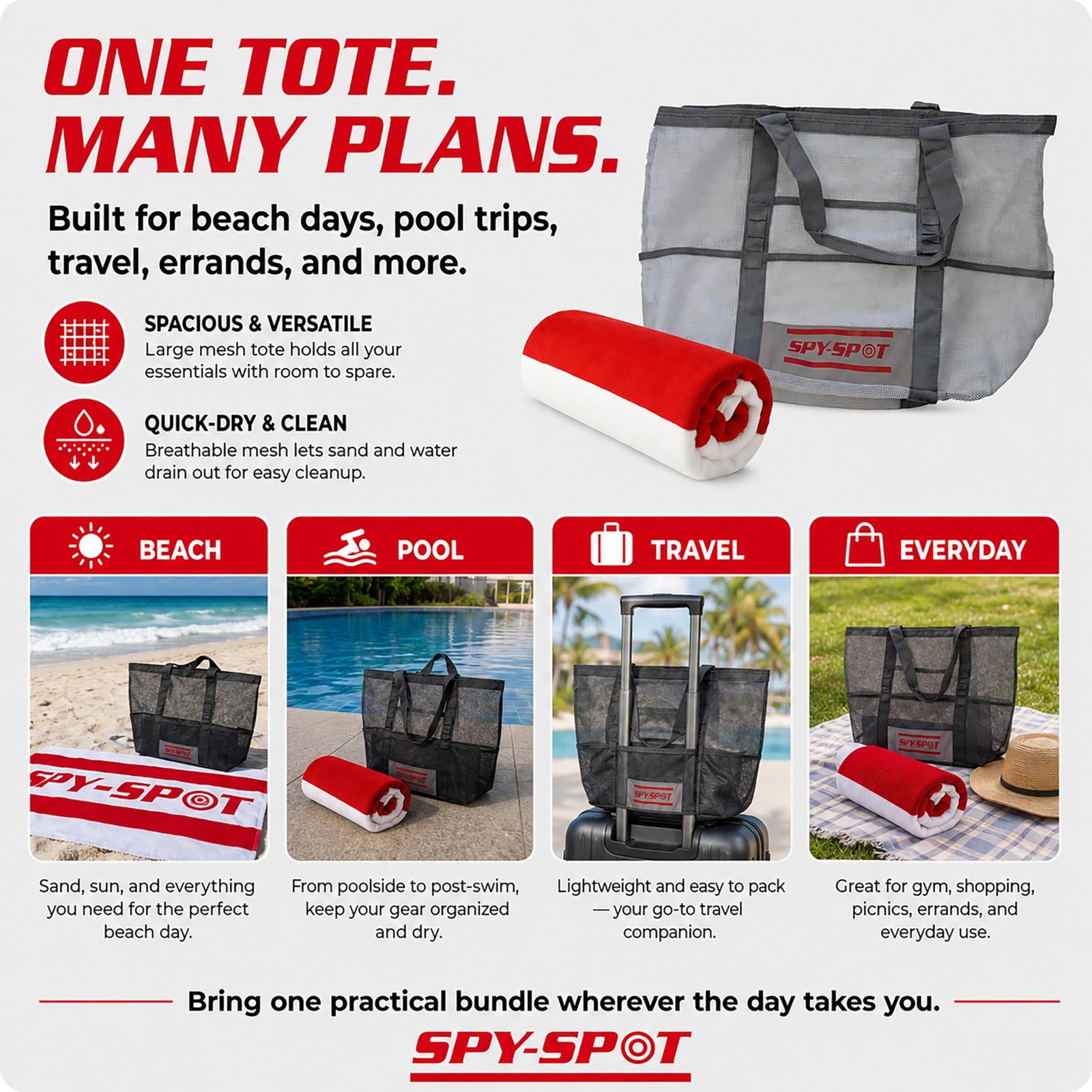 SPY SPOT Mesh Beach Tote Bag with 60×30 Towel Bundle, Large Quick-Dry Carryal…