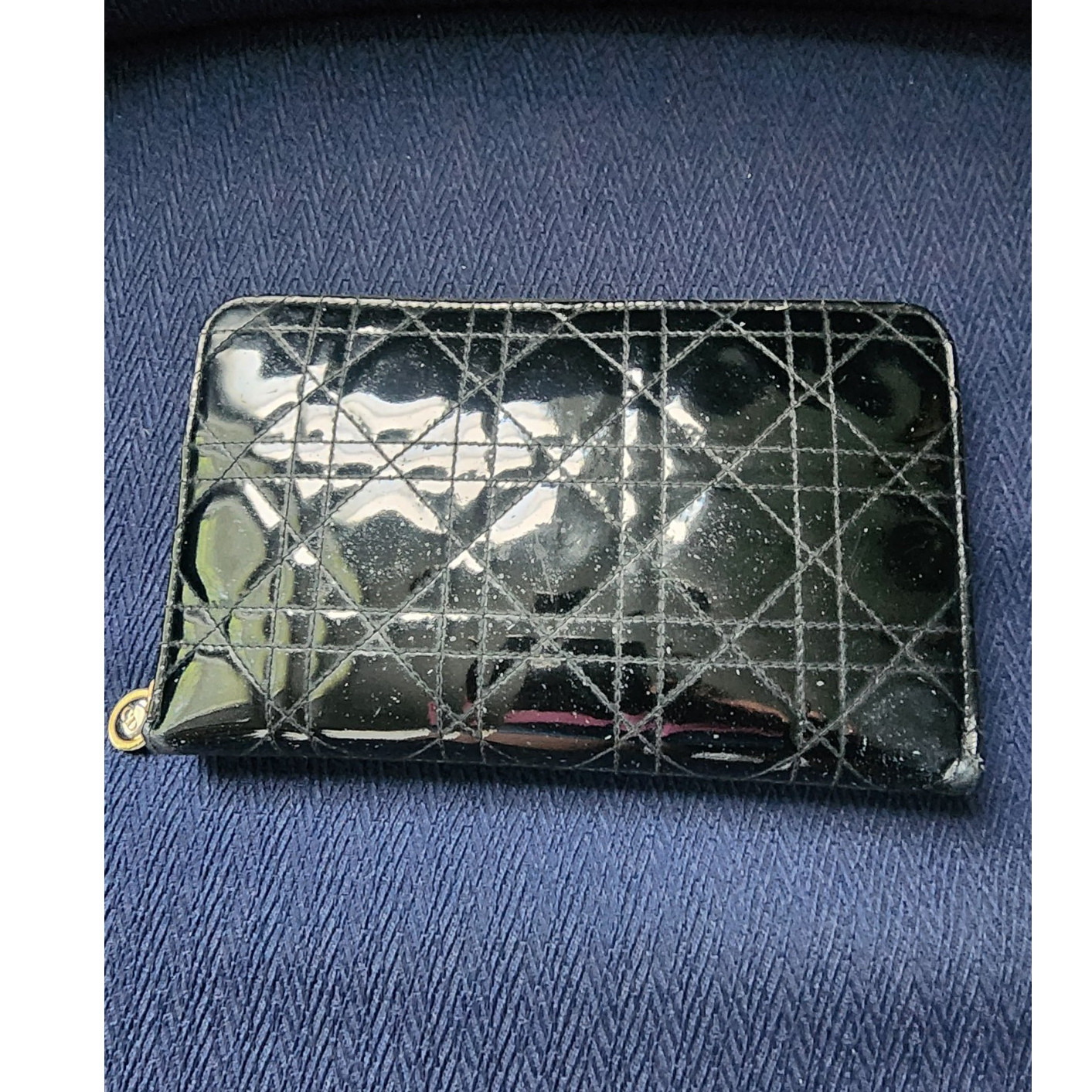 Christian Dior Black Quilted Zip-Around Wallet Gold-Tone Charm Logo Women’s