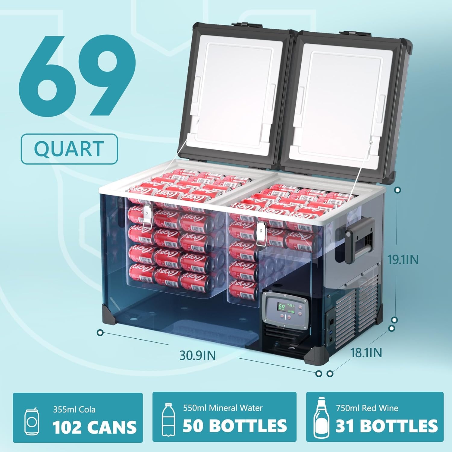 69QT 12V Electric Cooler, Dual Zone Portable Fridge for Camping & Travel