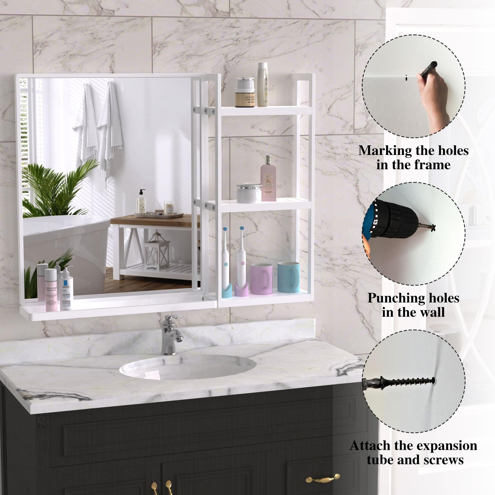 WONSTART White Metal Framed Bathroom Mirror with Shelf, 24.4 X 31 in Rectangu…