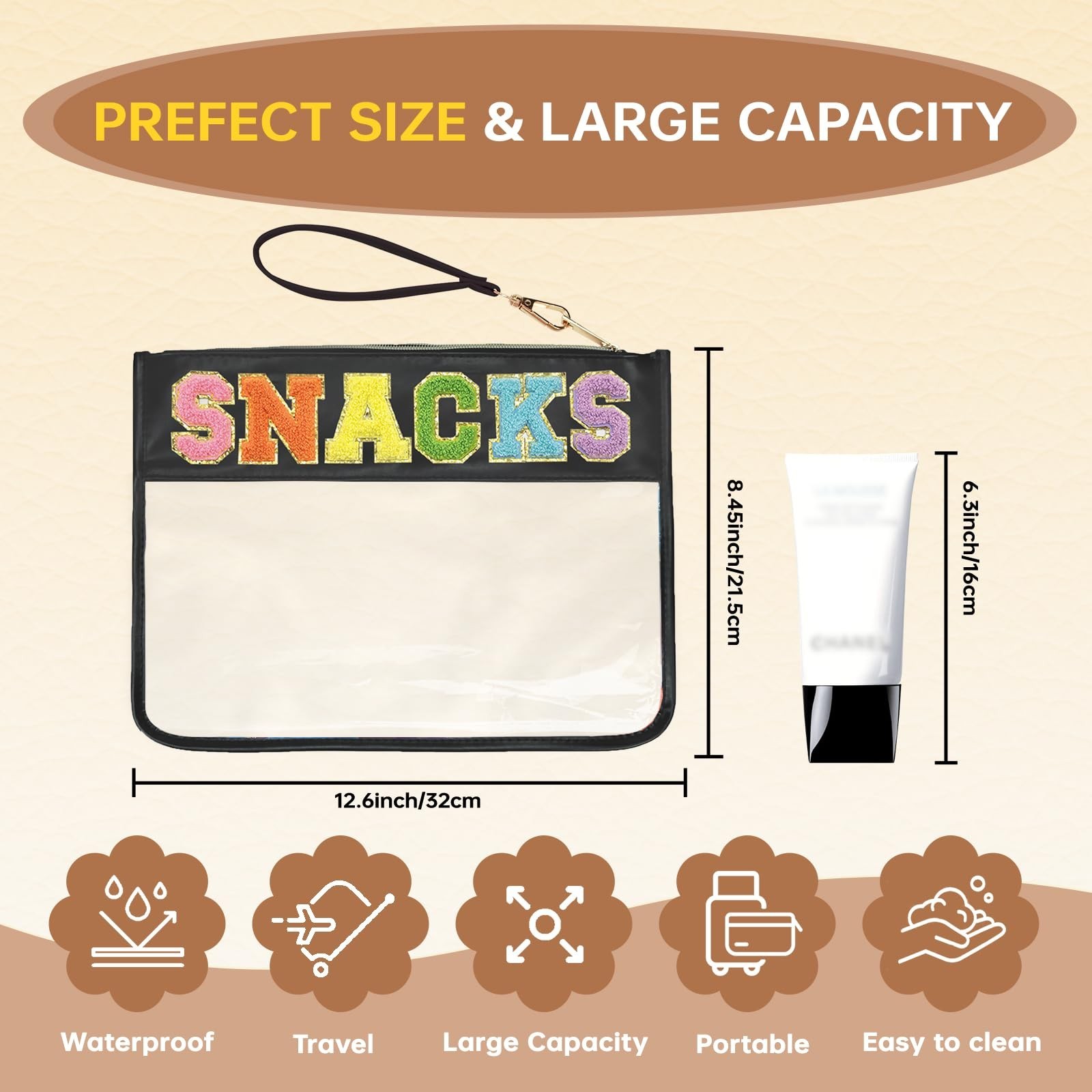 Snacks Bag Clear Chenille Varsity Letter Zipper Pouch Travel Makeup Bag Aesth…