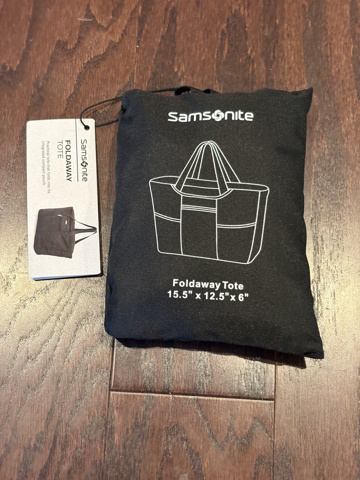 NEW Samsonite Black Foldaway Packable Tote Sling Bag 15.5 x 12.5 x 6 Inches NWT
