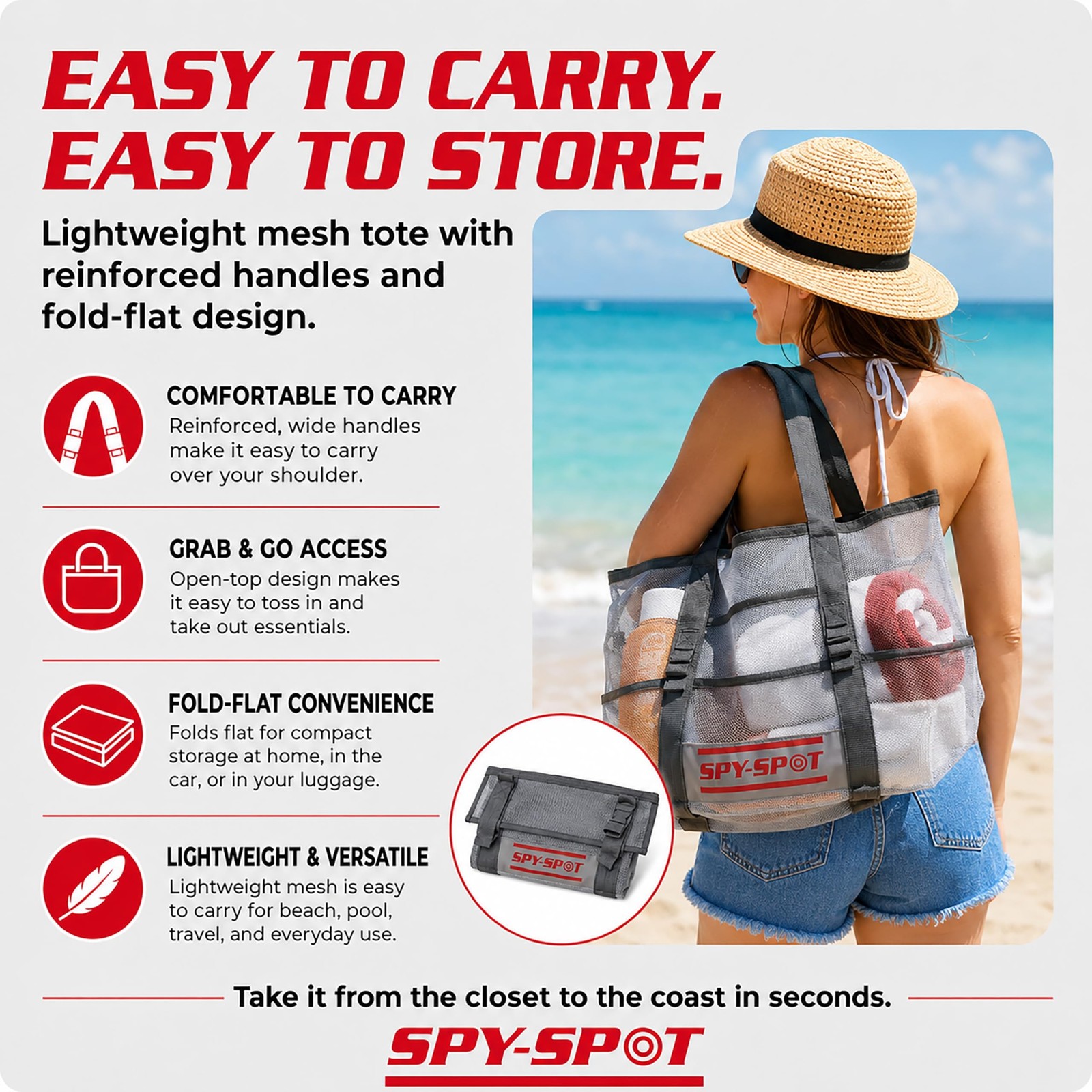 SPY SPOT Mesh Beach Tote Bag with 60×30 Towel Bundle, Large Quick-Dry Carryal…