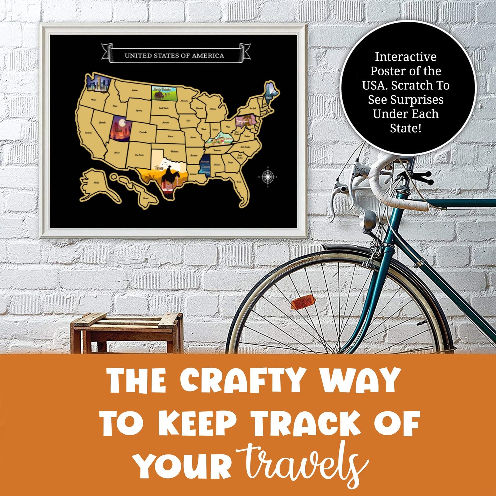 Large 23×16 Scratch-Off USA Map – Hand-Drawn Travel Design with Accessories, …