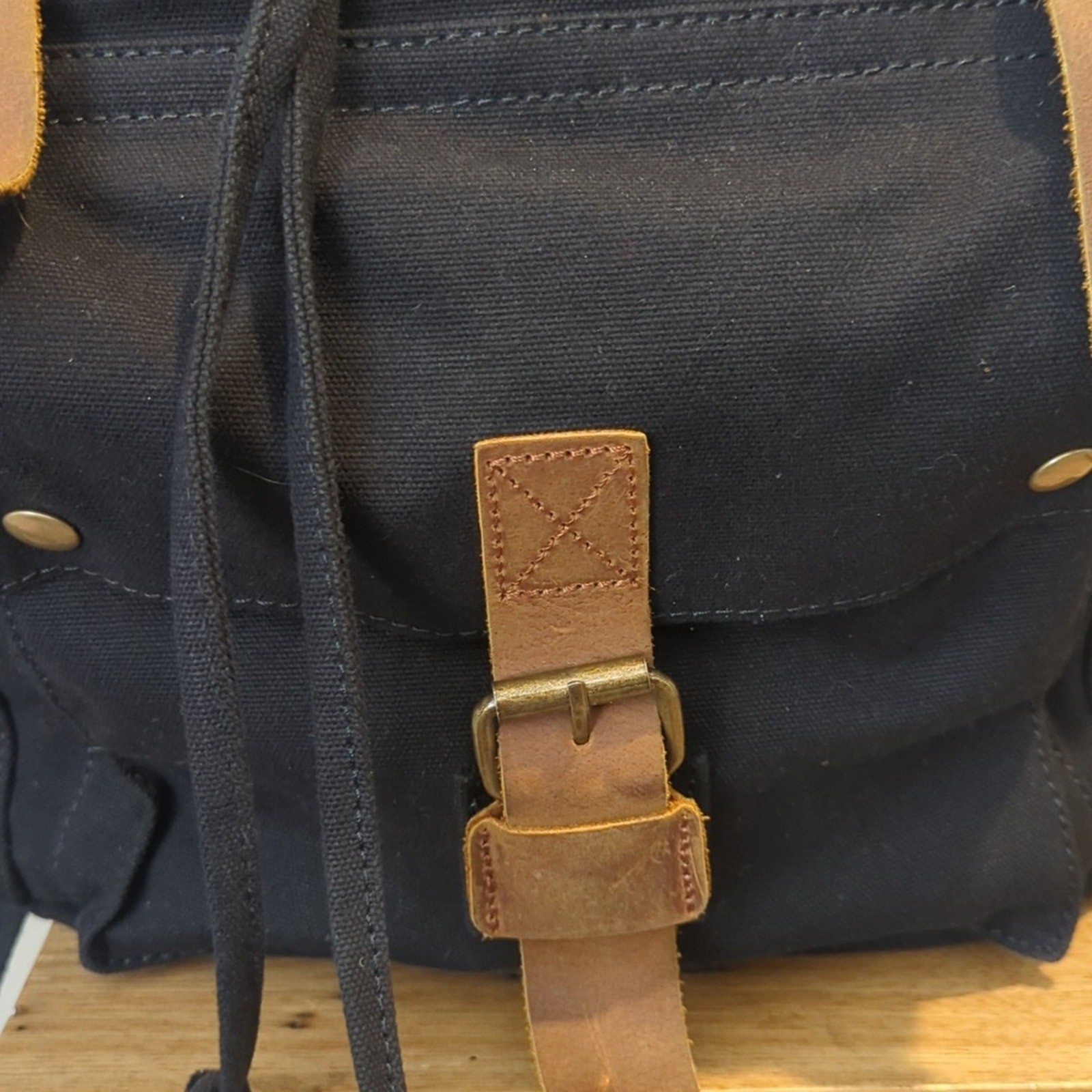Kattee Black Leather Canvas Backpack Travel Bag