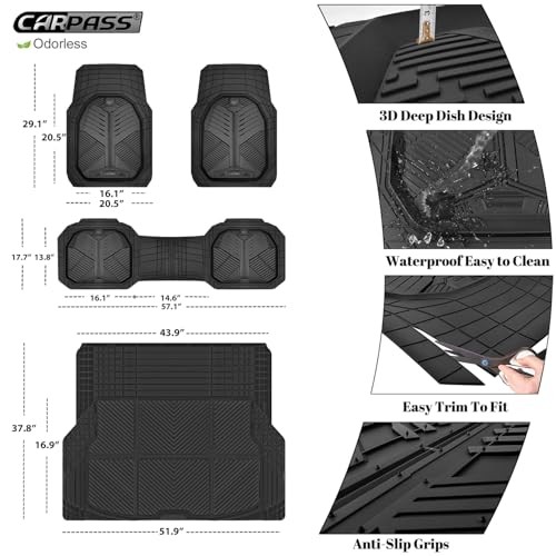 CAR PASS Heavy Duty Rubber Car Mats with Cargo Liner, Deep-Dish Car Floor Mats