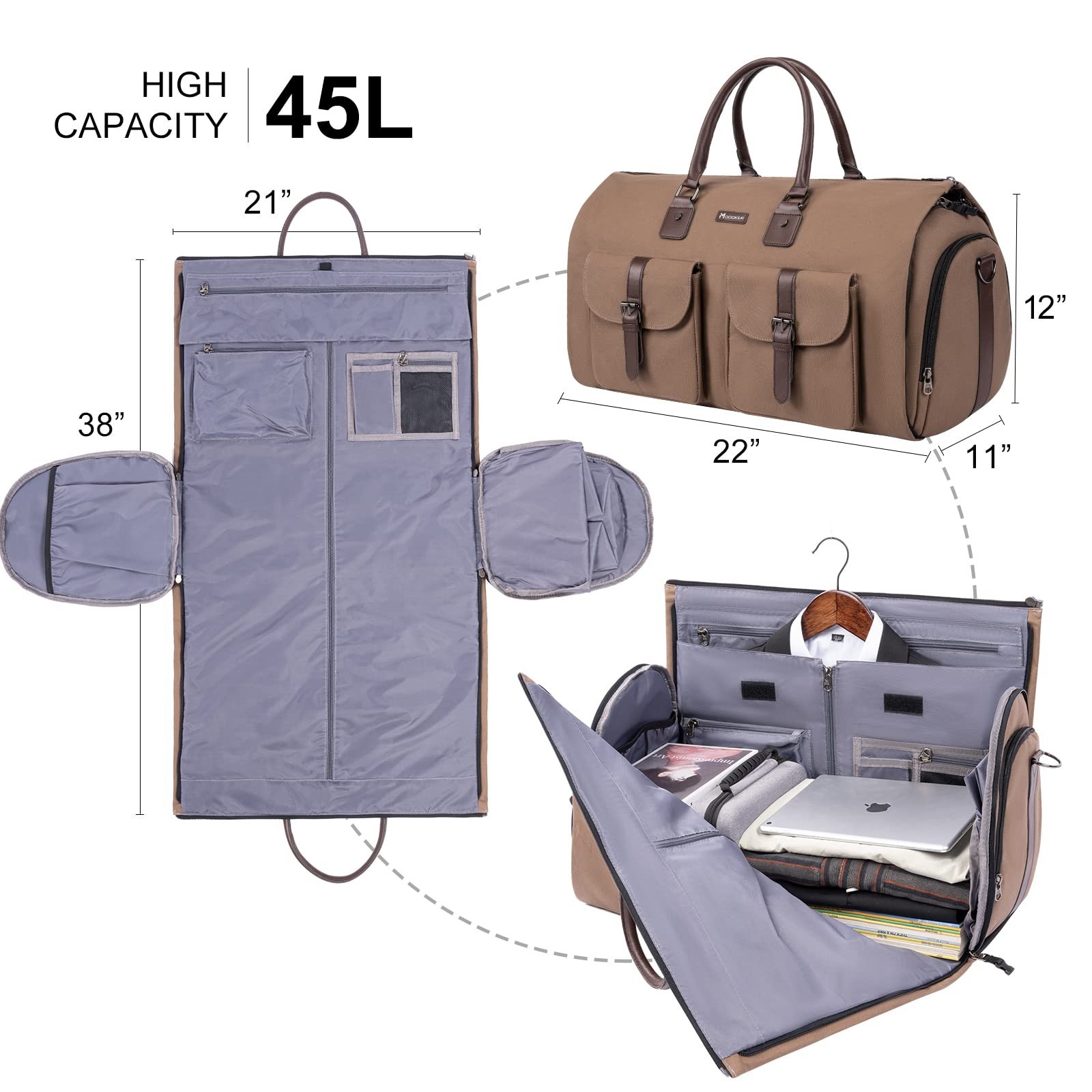 Modoker 2-in-1 Canvas Garment Duffle Travel Bag with Shoulder Strap,Brown | 4…
