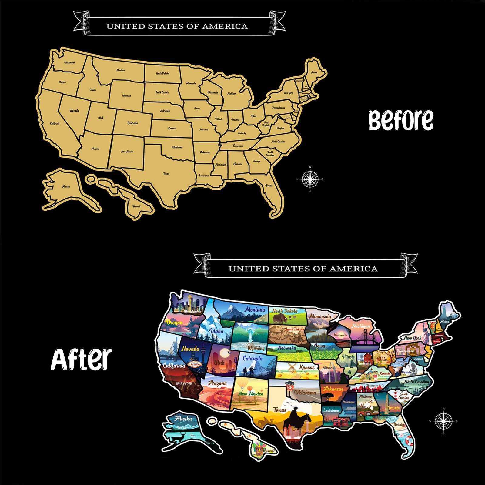 Large 23×16 Scratch-Off USA Map – Hand-Drawn Travel Design with Accessories, …