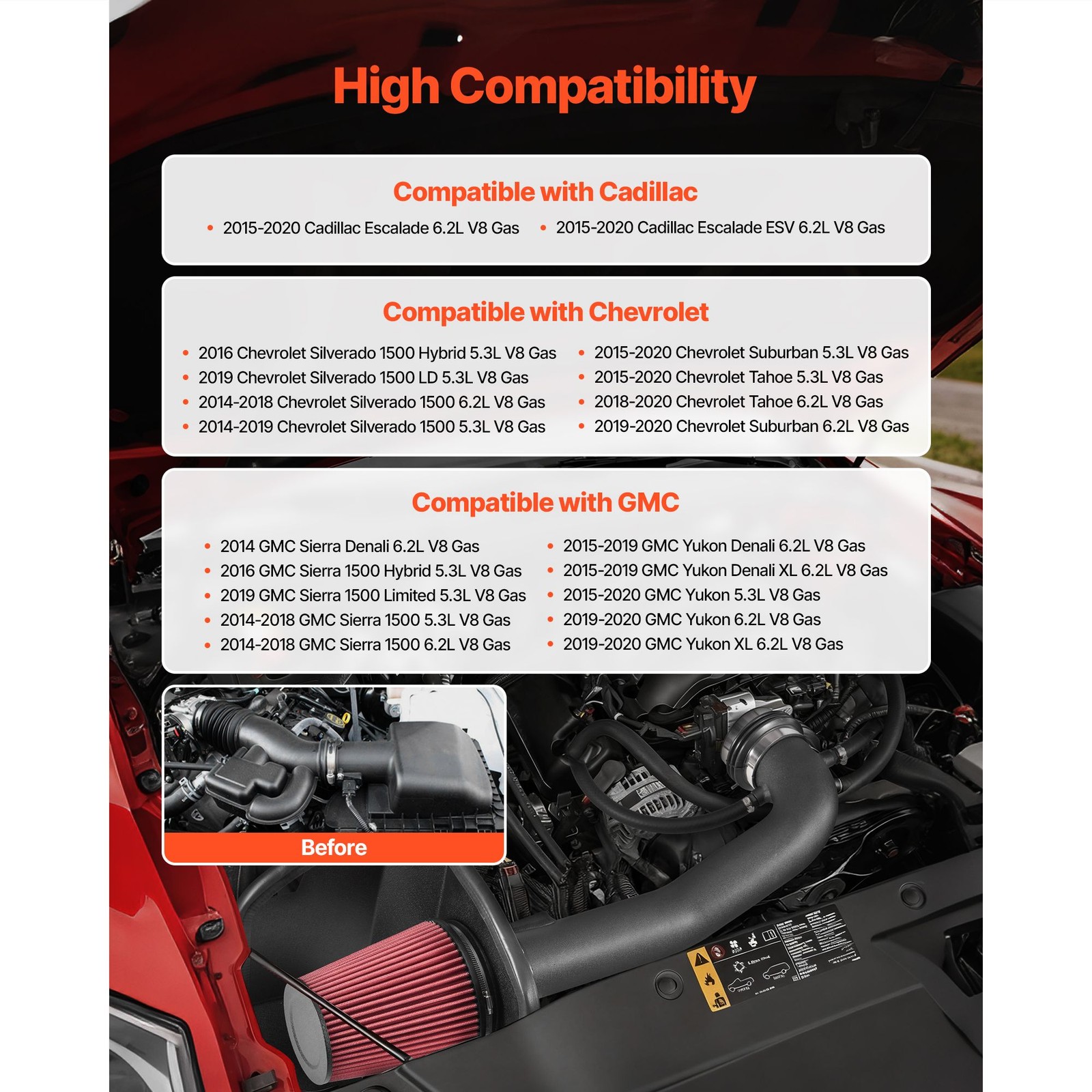 Cold Air Intake, 3.5 Inch Cold Air Intake System + Heat Shield Compatible