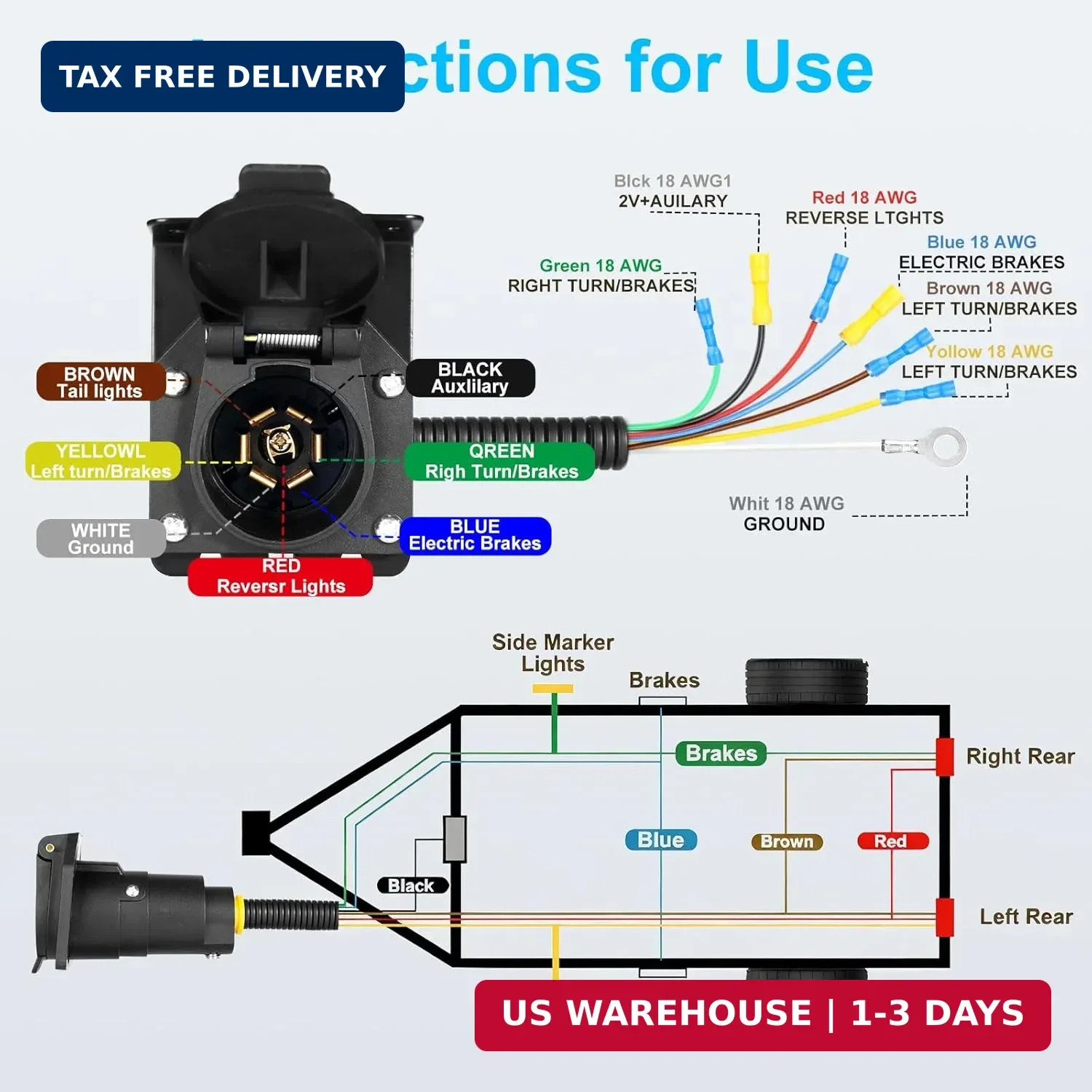Premium 7 Pin Trailer Connector with Mounting Bracket，Heavy-Duty 7 Pin Trailer P