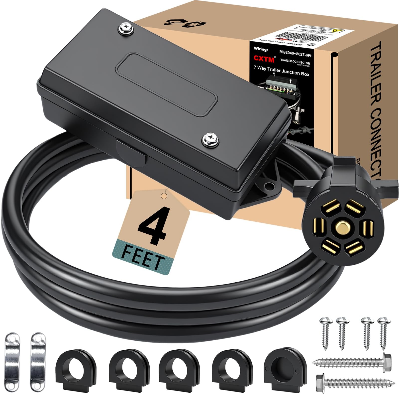 CXTM 7 Pin Trailer Wiring Harness Kit 4 Feet, 7 Gang 4FT with Junction Box