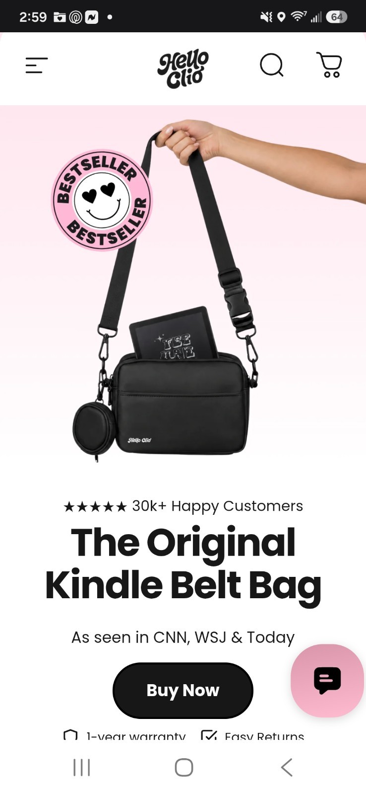 Hello Clio EReader Belt Bag Original Black Water Resistant Adjustable iPad mini