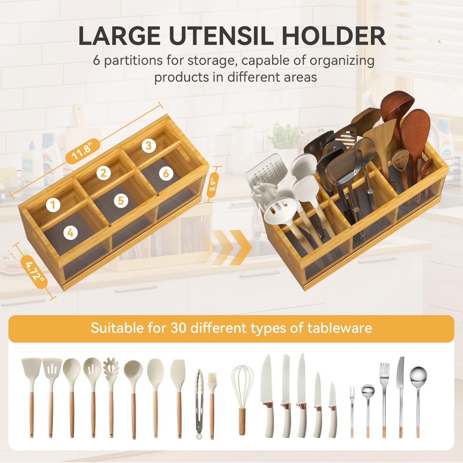 Yofidra Bamboo Utensil Holder & Silverware Organizer: Extra Large Cooking Hol…