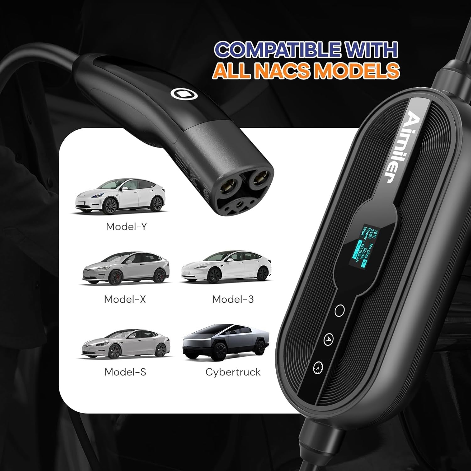 Tesla EV Charger Level 1-2 Portable 16A with 25FT Cable NACS Plug Electric Car