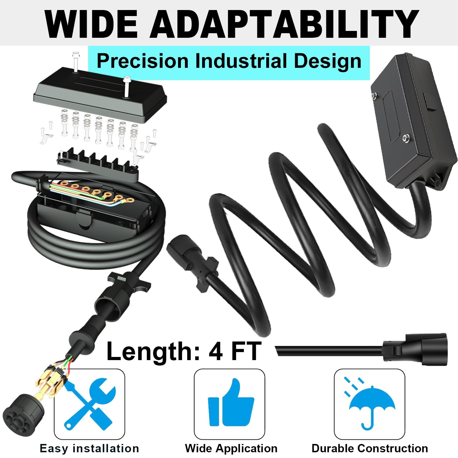 CXTM 7 Pin Trailer Wiring Harness Kit 4 Feet, 7 Gang 4FT with Junction Box