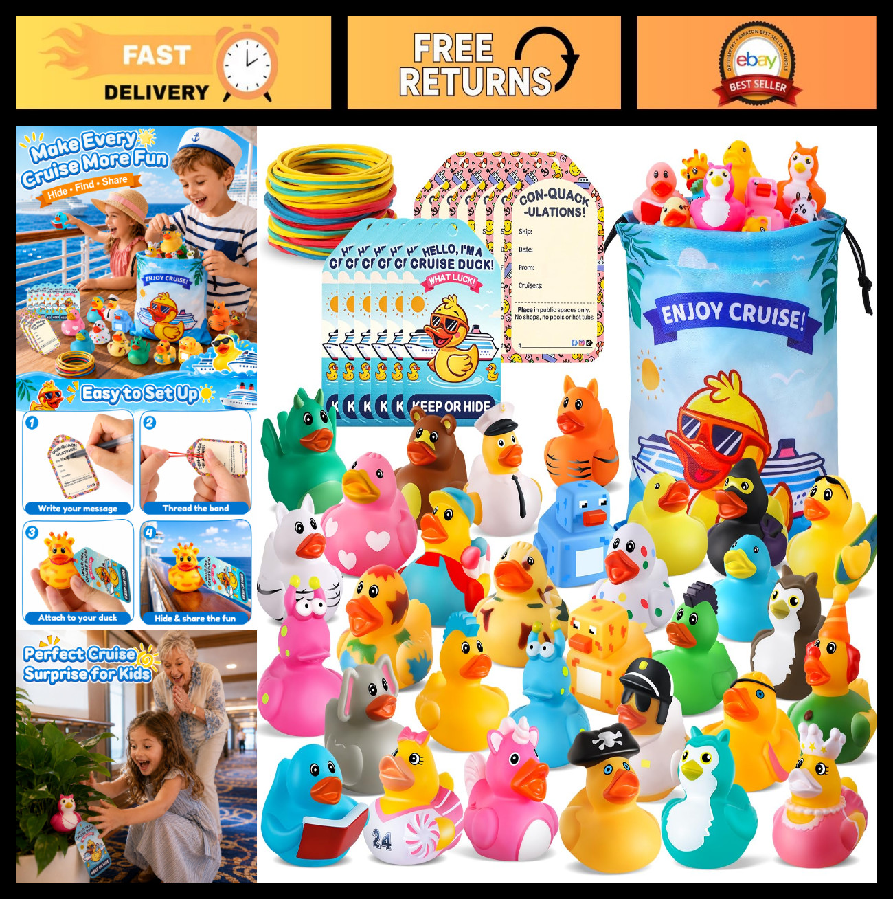 180 Pcs Cruise Rubber Duck Kits – Assorted Ducks, Tags, Bands & Storage Bag – Ca