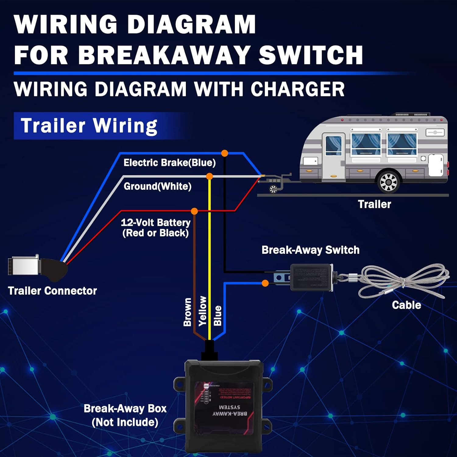7 Way Trailer Cord and 7 Gang Junction Box Kit with 12V Breakaway Switch and Plu