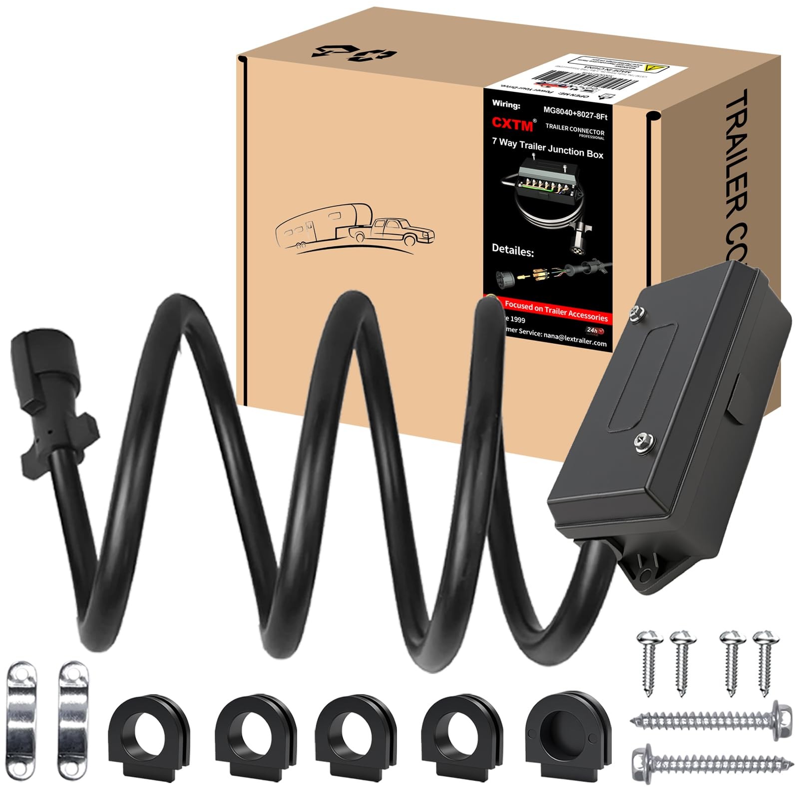 CXTM 7 Pin Trailer Wiring Harness Kit 4 Feet, 7 Gang 4FT with Junction Box