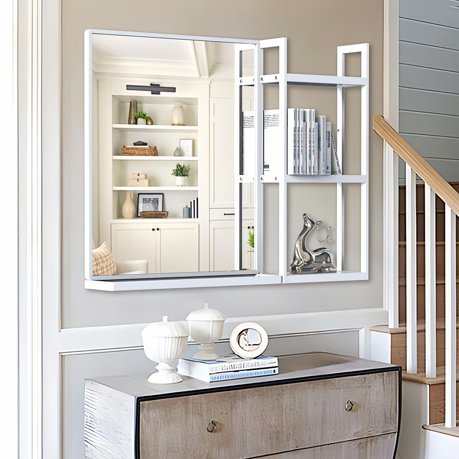 WONSTART White Metal Framed Bathroom Mirror with Shelf, 24.4 X 31 in Rectangu…