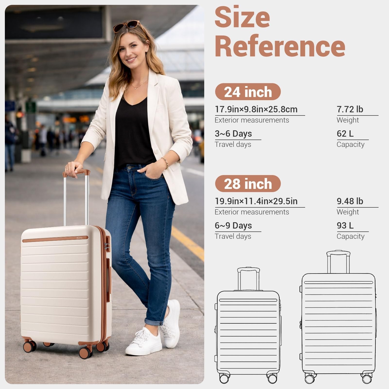 Kono 28 Inch Large Suitcase, Expandable for Long Trips, Impact-Resistant ABS+…
