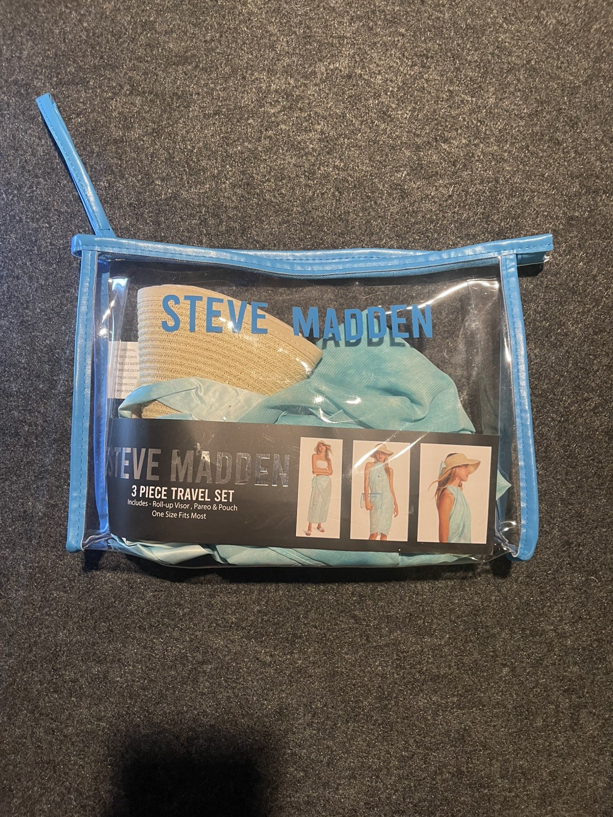 Steve Madden 3 Piece Beach Travel Set Packable Hat, Cover-Up & Pouch NEW