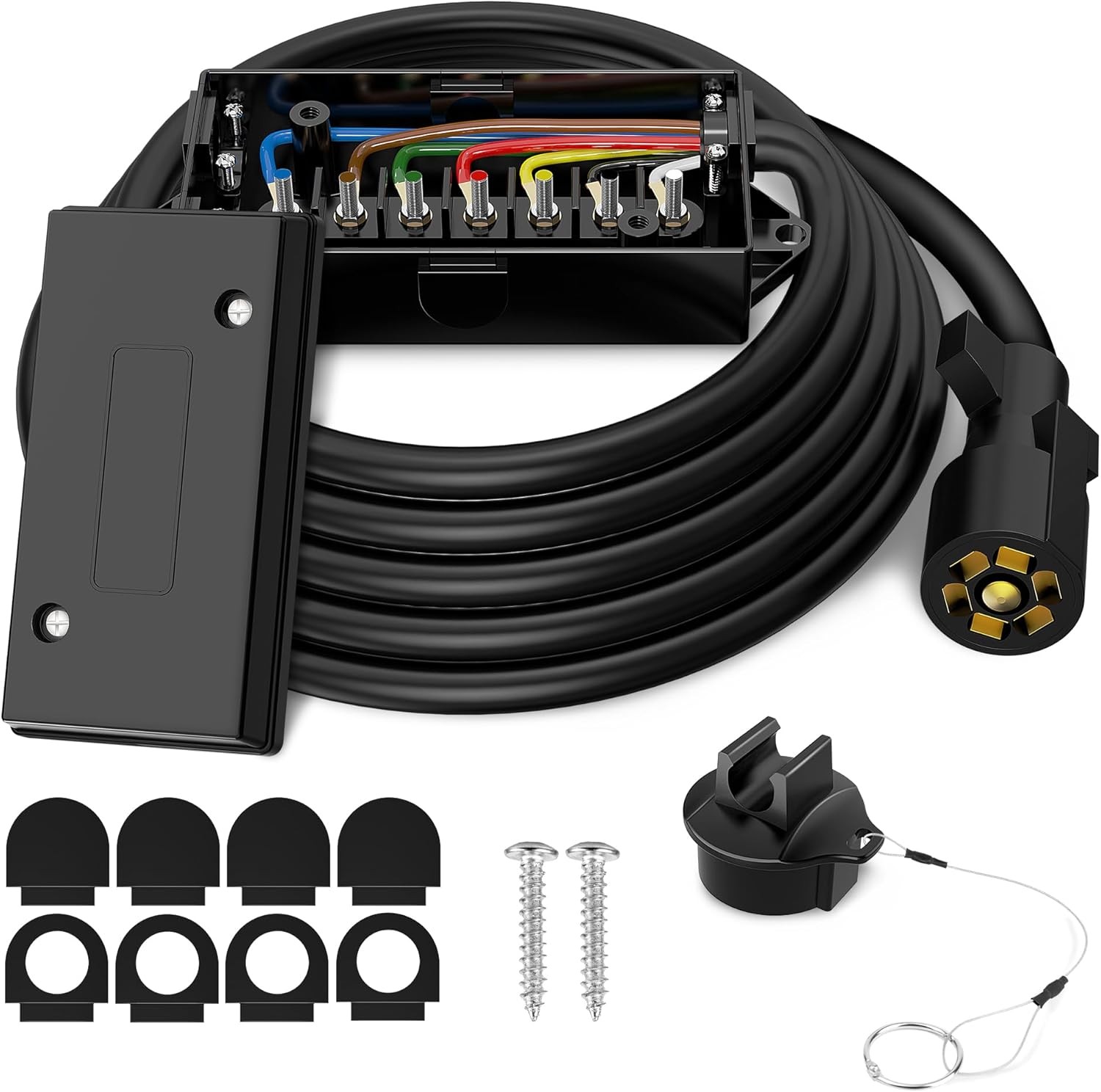 RVGUARD 7 Way 8 Foot Trailer Cord with 7 Gang Junction Box Kit, I