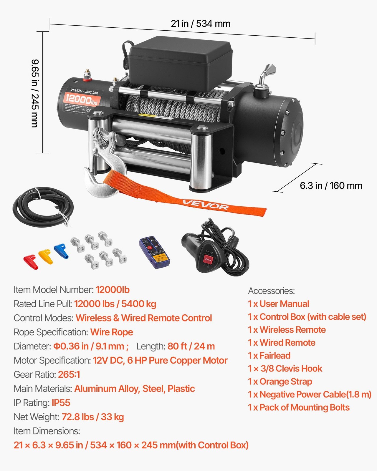 12V 12000lb Electric Winch 0.36in x 80ft Rope IP55 Wireless Control
