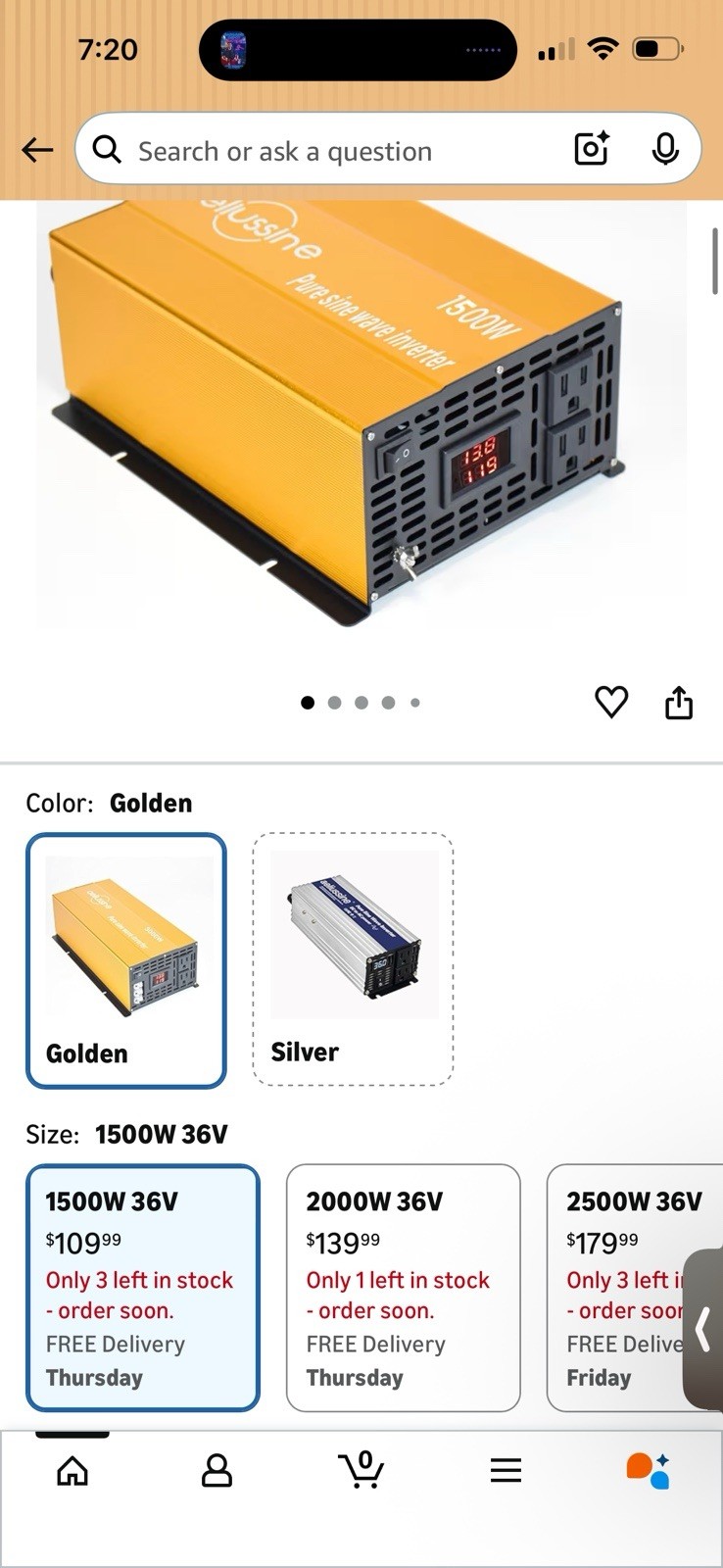 1500W Pure Sine Wave Inverter-36V DC to 110V 120V AC Power Converter with 2 A…