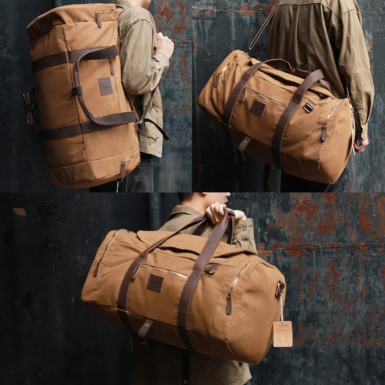 60L Travel Bags for Men, Nomad Canvas Duffle Bag Vintage Genuine Leather Trav…