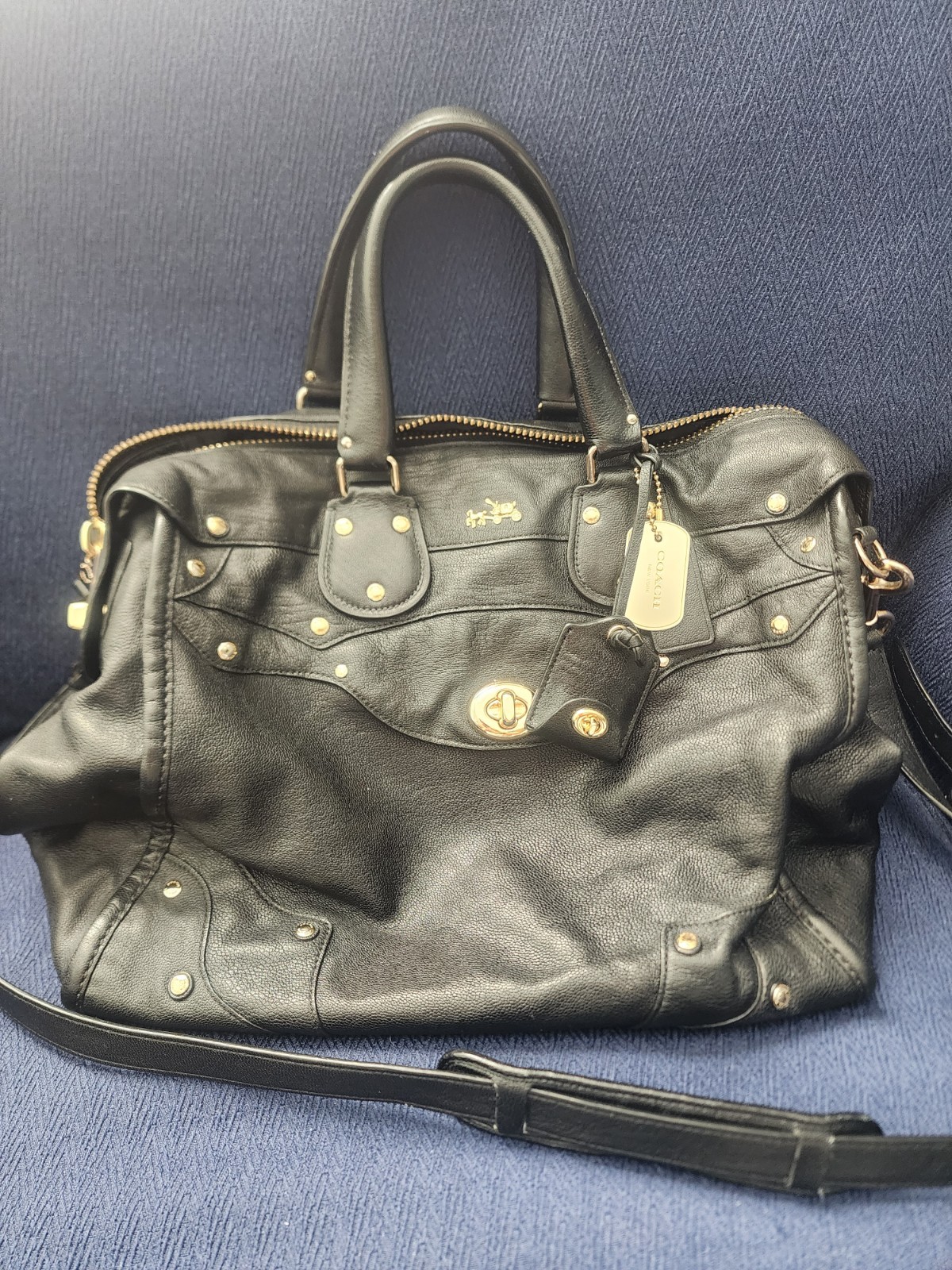 Coach Black Satchel Top Handle Gold Hardware Studded Accents Detachable Strap