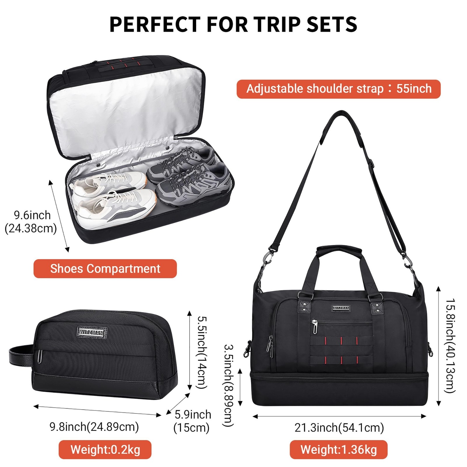 WITZMAN Nylon Duffle Bag for Men 55L with Toiletry Bag Sets Overnight Bag | M…