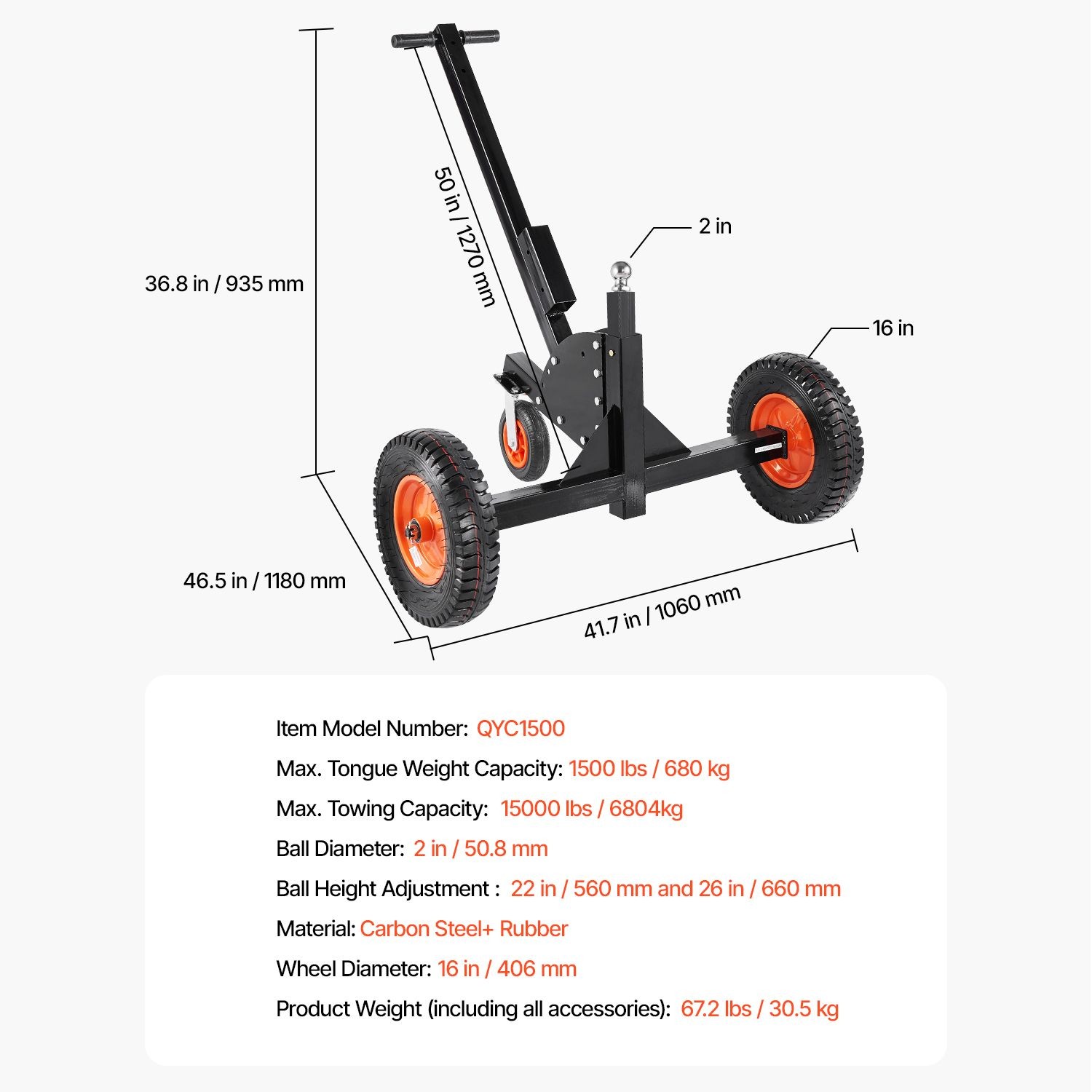 Heavy-Duty Trailer Dolly, 1500lbs Tongue Weight Capacity, 2 in 1 Trailer Mover w