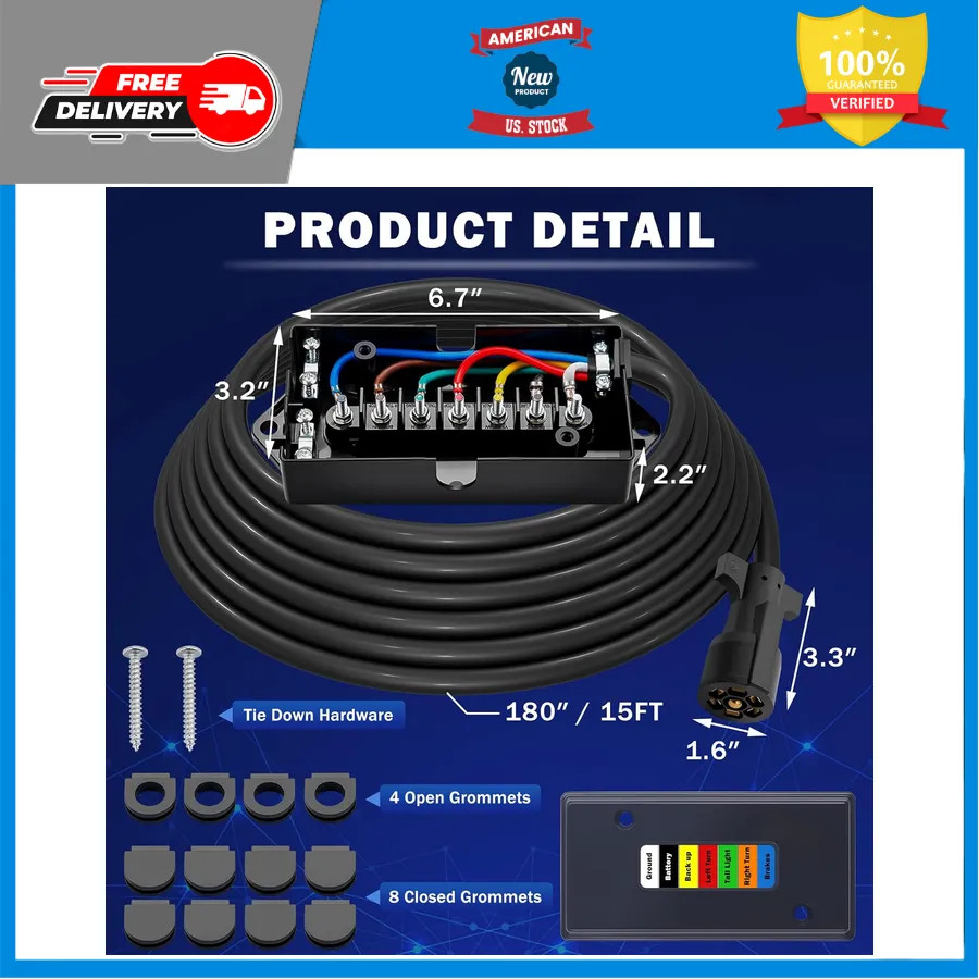 15ft 7 Way Trailer Wiring Harness Kit with Junction Box for RV and Camper