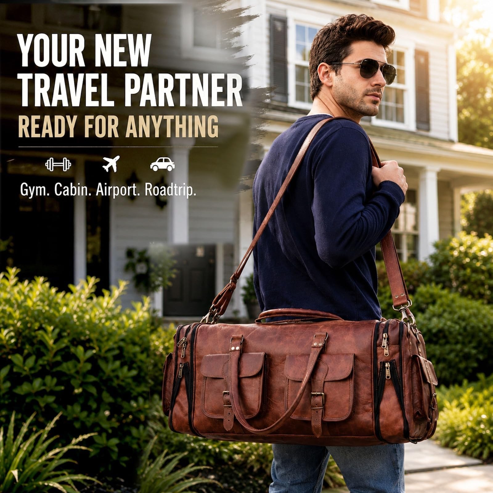 Weekender Leather Duffel Bag Overnight Women Men Girls Boys Vintage Travel Du…