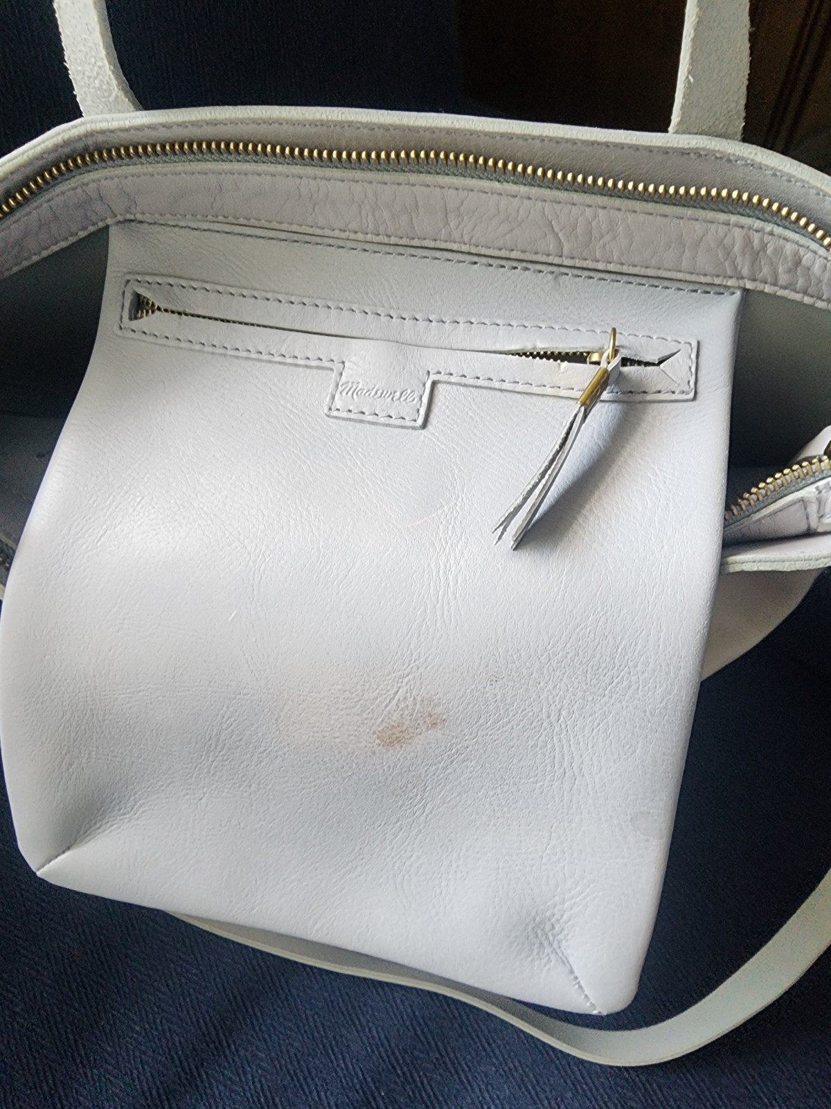 Madewell Light Gray Leather Tote Bag with Detachable Strap, Pouch, Zip Closure
