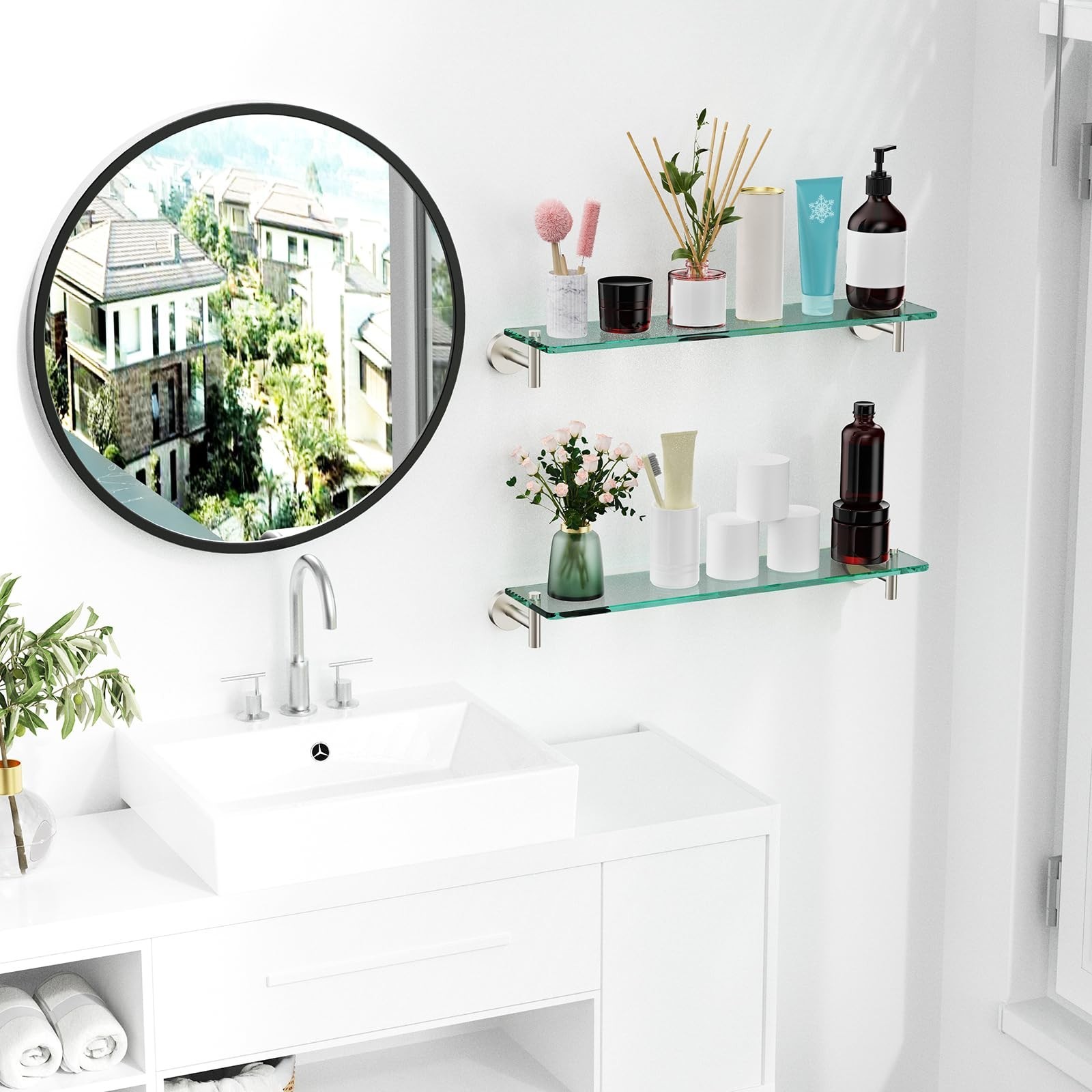 Glass Shelves for Bathroom,20-Inch Brushed Nickel Floating Bathroom Shelf Sta…