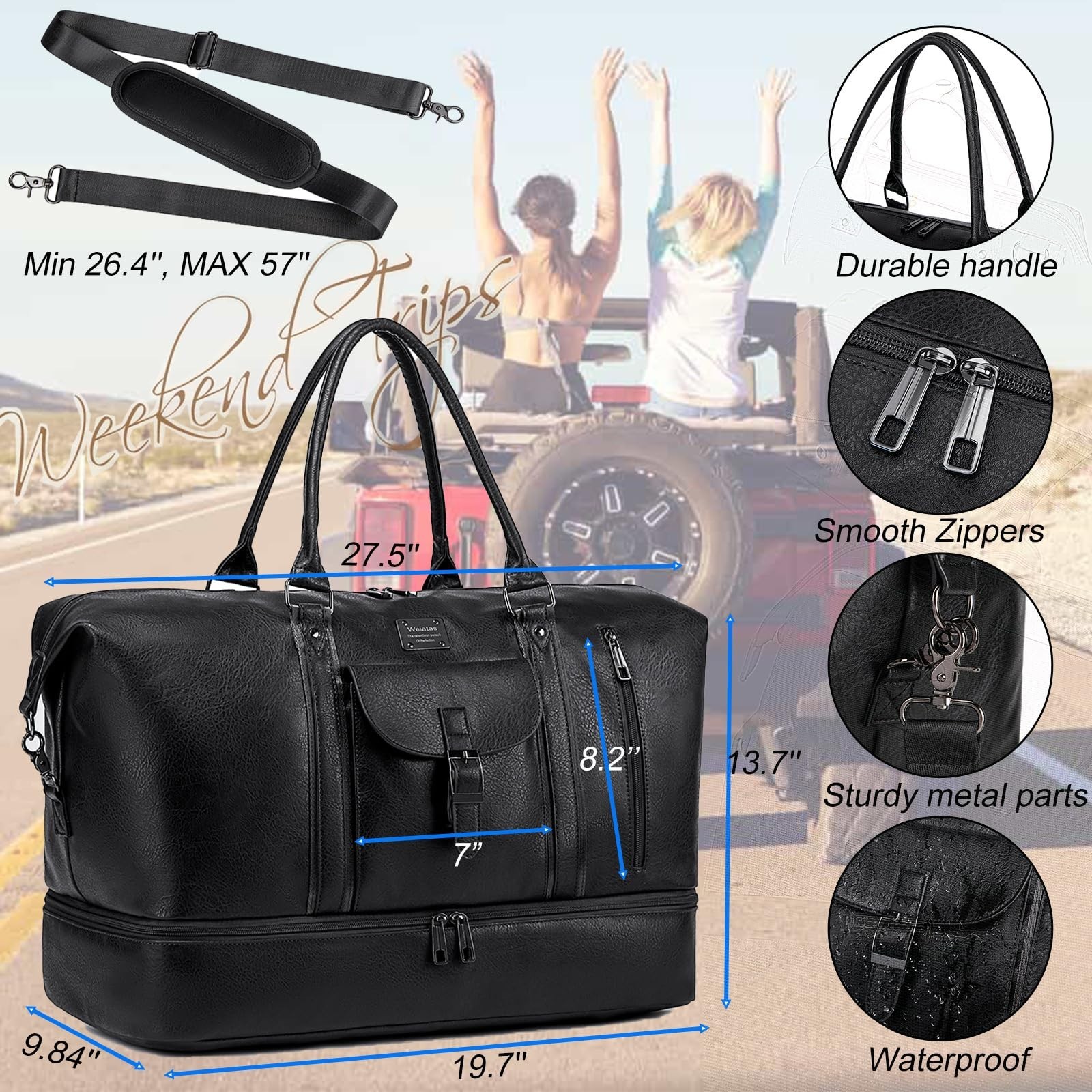 weiatas Faux Leather Travel Duffel Bag for Women Men, Large Weekender Overnig…