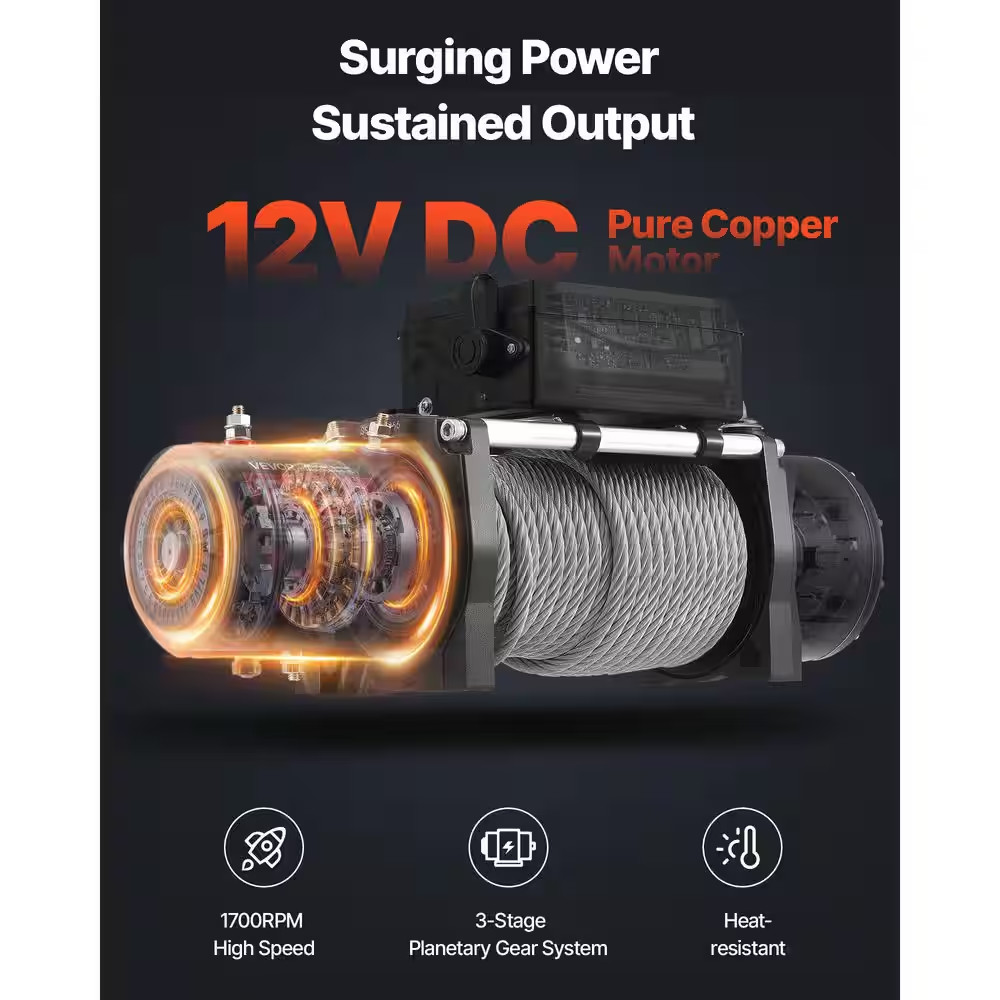 Electric Winch 12V DC Truck Winch 12000 Lbs. Load Capacity, with 0.36 In. X80 Ft
