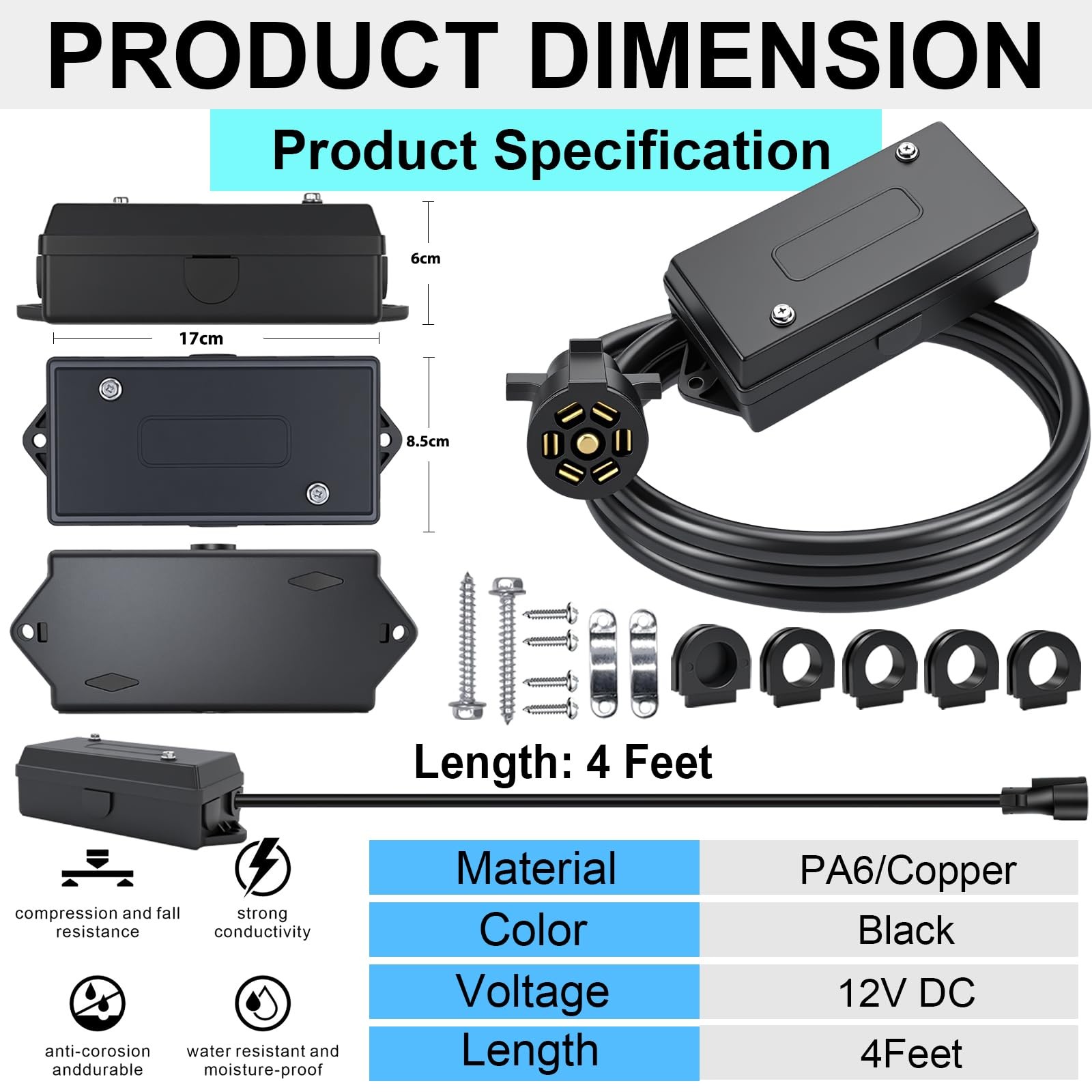 CXTM 7 Pin Trailer Wiring Harness Kit 4 Feet, 7 Gang 4FT with Junction Box
