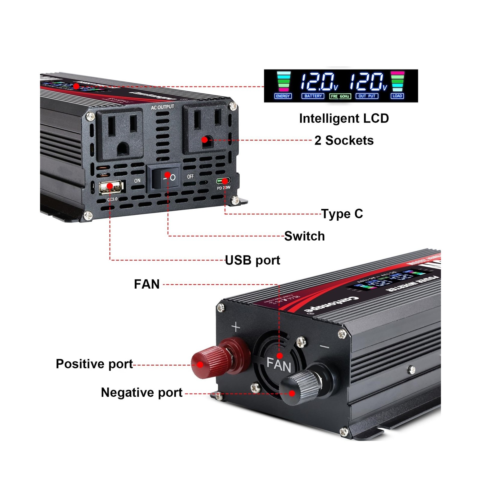 Cantonape 1000 Watt Power Inverter DC 12V to 110V/120V AC Car Inverter with L…