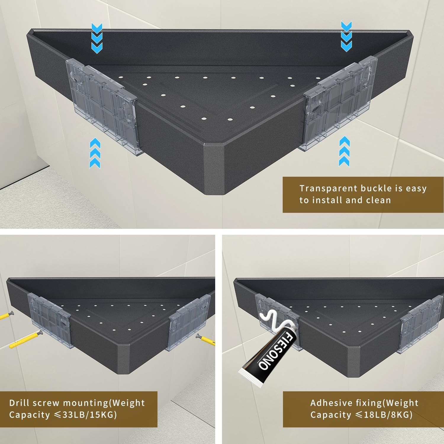 Corner Shower Shelves with Hooks, 2-Tier Triangular Metal Shower Corner Caddy…