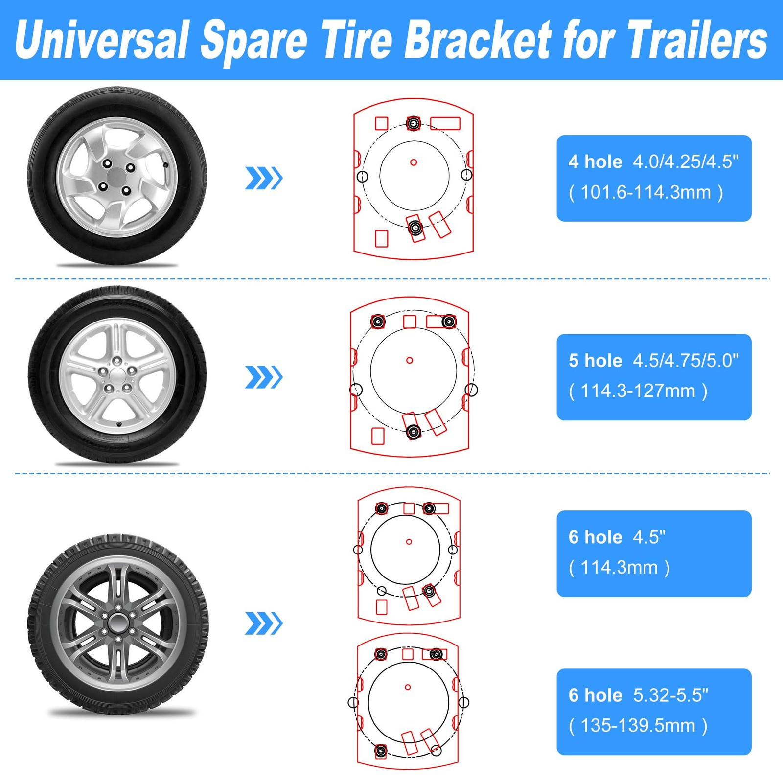 Foozet Trailer Spare Tire Mount Bracket, Heavy 3 hub bolts 4″-5.5″, Black
