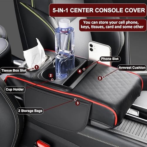 Car Center Console Cover Armrest Cushion Cup Holder Storage Phone Slot Black PU