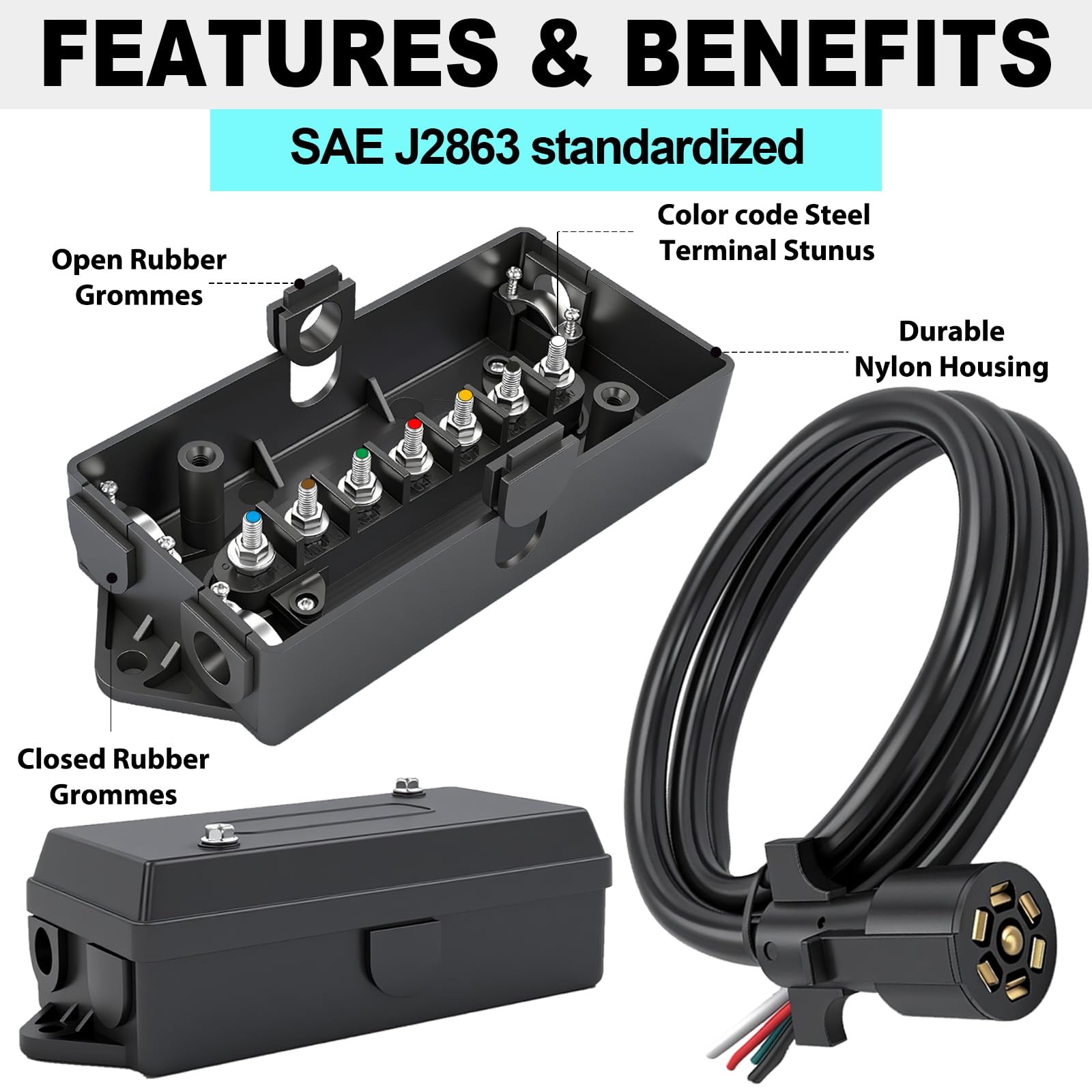 CXTM 7 Pin Trailer Wiring Harness Kit 4 Feet, 7 Gang 4FT with Junction Box