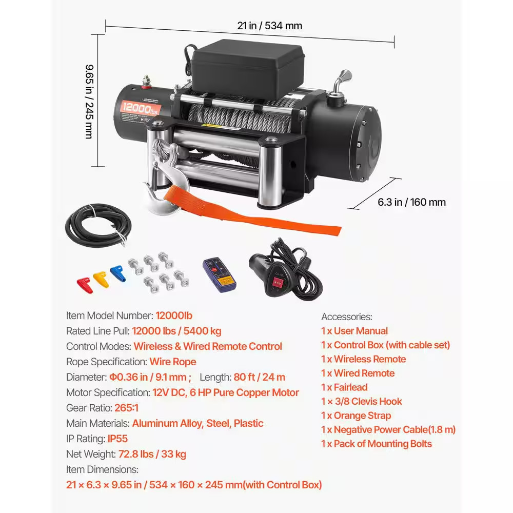 Electric Winch 12V DC Truck Winch 12000 Lbs. Load Capacity, with 0.36 In. X80 Ft