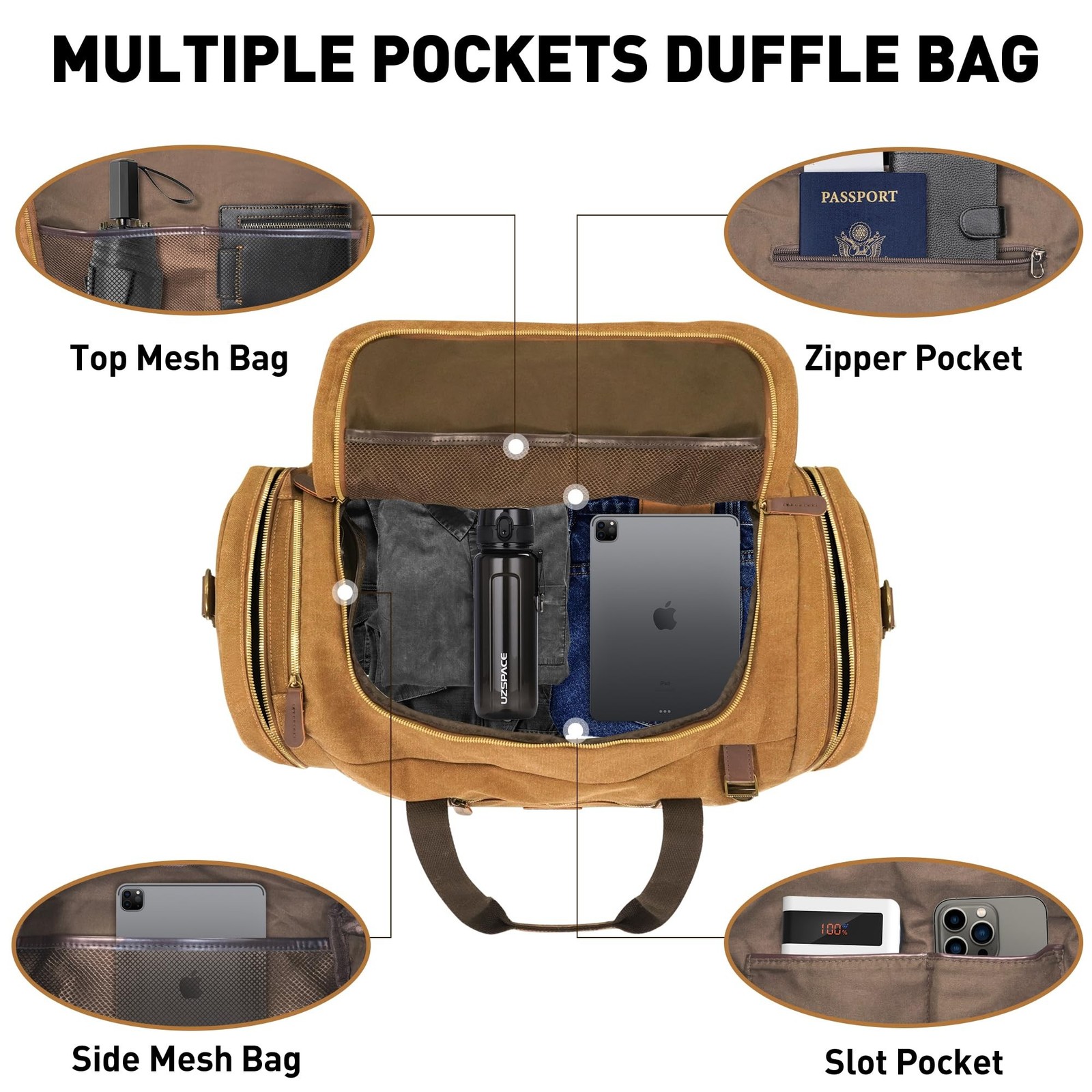 60L Travel Bags for Men, Nomad Canvas Duffle Bag Vintage Genuine Leather Trav…