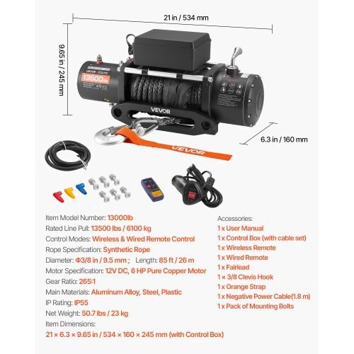 Electric Winch, 13500 lbs Load Capacity, 12V DC Truck Winch with ?&brvbar;3/8 in