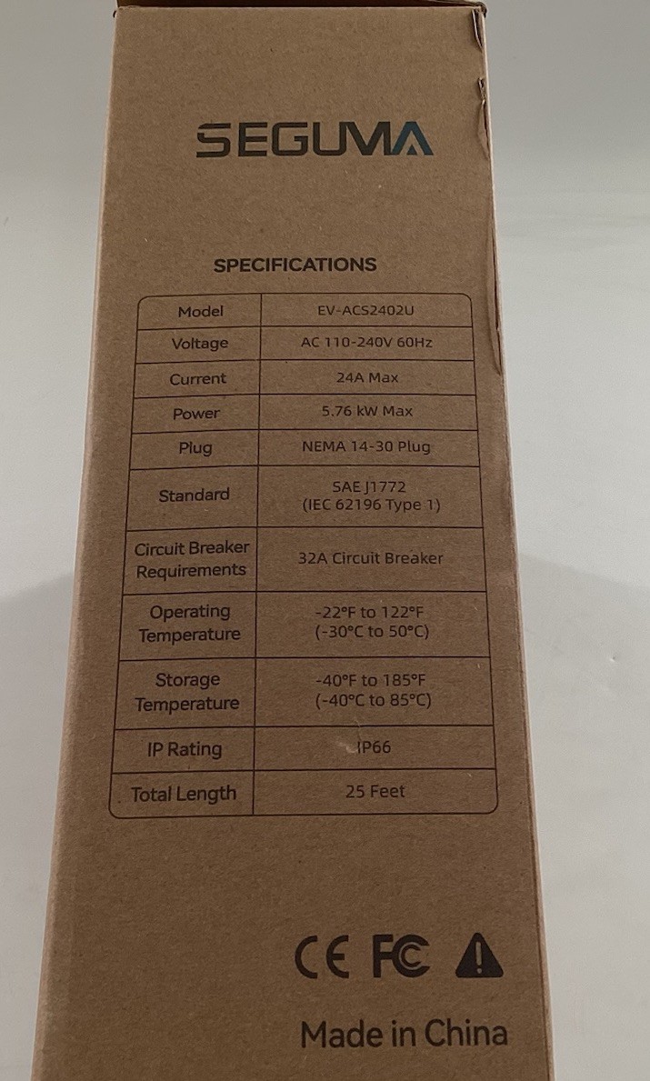 Seguma Level1/2 Portable Electric Vehicle Charger.